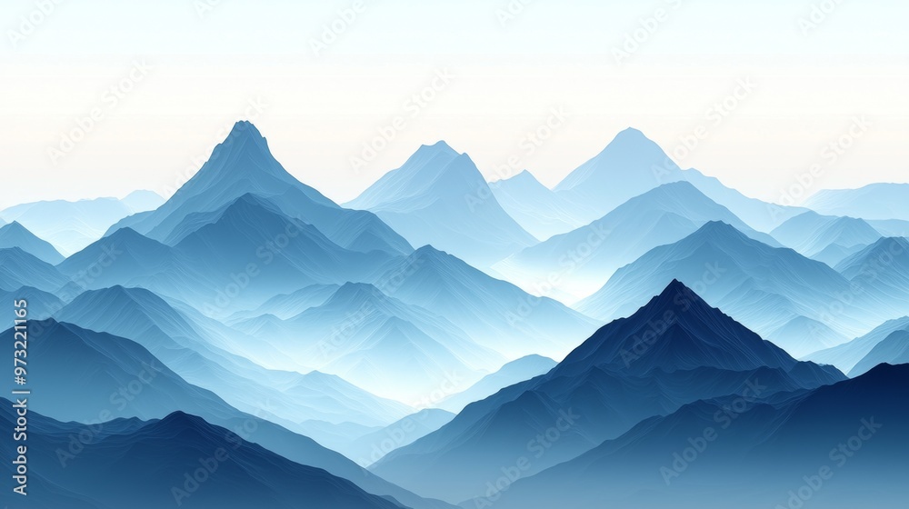 Fototapeta premium A minimalistic design of a mountain range at dawn, where the peaks are enveloped in a grainy gradient fog shifting from blue to white, evoking a serene atmosphere