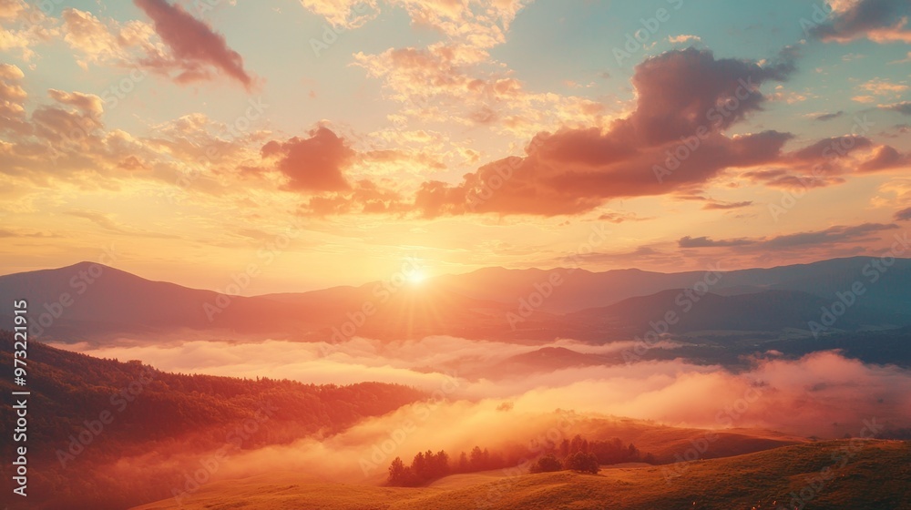 A nature scene at sunset where the sky is filled with shades of Peach Fuzz, blending with other warm tones to create a serene and calming atmosphere