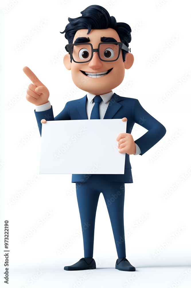 A cartoon businessman in a blue suit and glasses points to a blank white sign. A cartoon businessman in a blue suit and glasses points to a blank white sign.