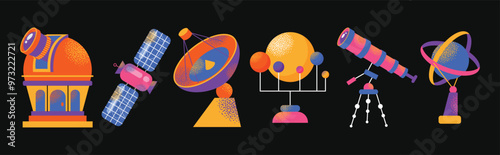 Astronomy Research Equipment set. Space planet, Earth, galaxy, observatories, astronomical telescope, spacecraft, cosmos science, minimal vector illustrations isolated on background