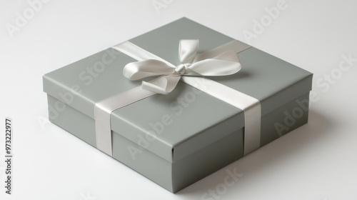 Elegant Gray Gift Box with Satin Ribbon on White Background