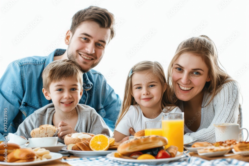 A family enjoying breakfast together, with a variety of foods on the table A family enjoying breakfast together, with a variety of foods on the table
