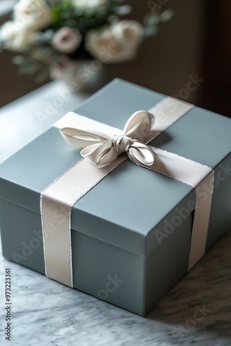 Elegant Gift Box with Satin Ribbon on Rustic Table