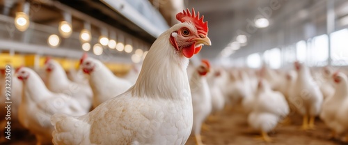 Large chicken farm with white chickens in a spacious barn setting for agricultural and farming concepts, panoramic banner