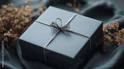 Elegant Gift Box with Silver Ribbon on Luxurious Fabric