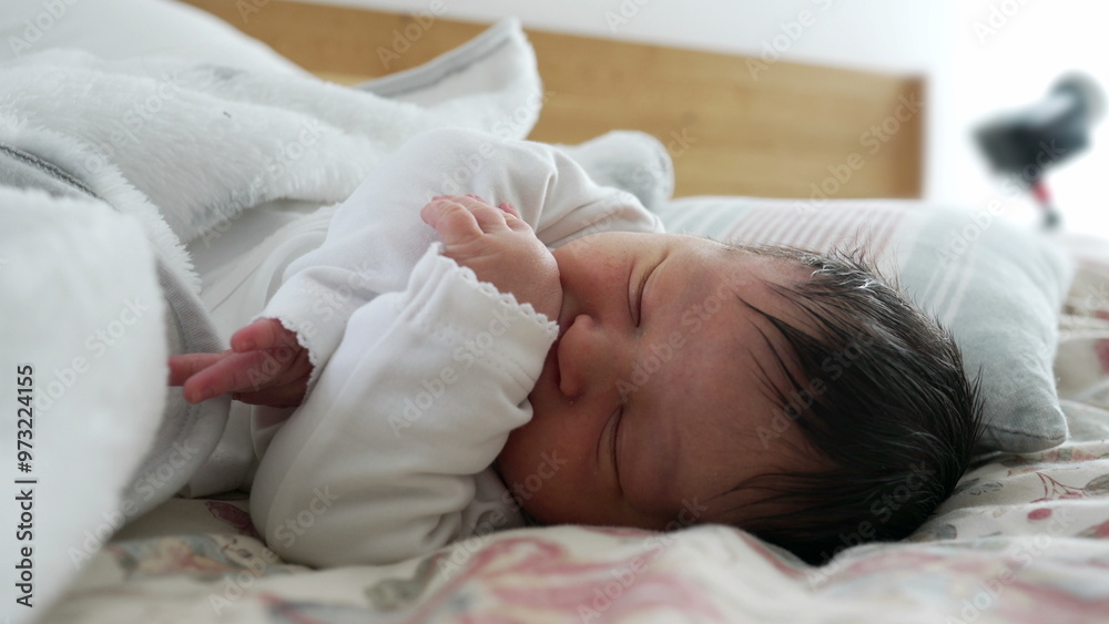 Newborn with dark hair sleeping peacefully on a bed, hands gently resting near the face, surrounded by soft blankets, showcasing the calm and serene nature of a baby's early life moments Newborn with dark hair sleeping peacefully on a bed, hands gently resting near the face, surrounded by soft blankets, showcasing the calm and serene nature of a baby's early life moments