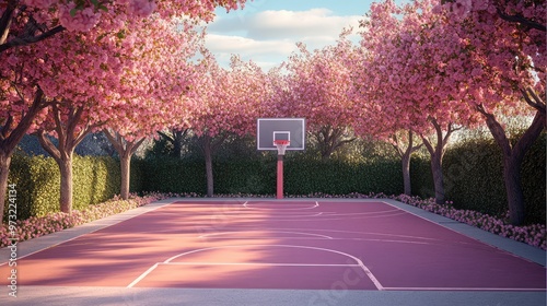 Peach trees in full bloom encircle a basketball court, rendered with vibrant colors and a mix of animation and realism.