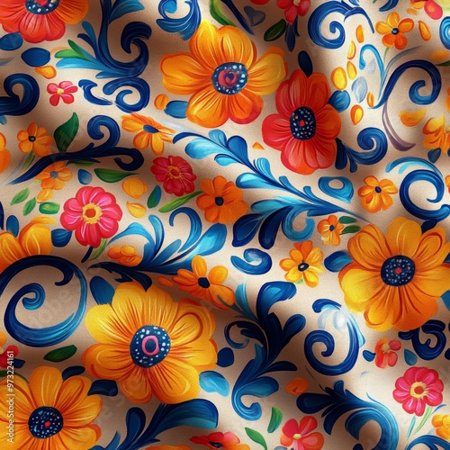 Colorful Floral Pattern with Swirls on Beige Fabric