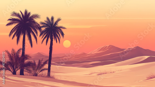 Calm desert view with palm trees. Sahara Desert. Illustration