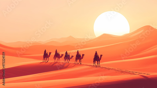 Caravan with group of tourists riding camels through dubai desert during safari adventure. Sahara Desert. Illustration