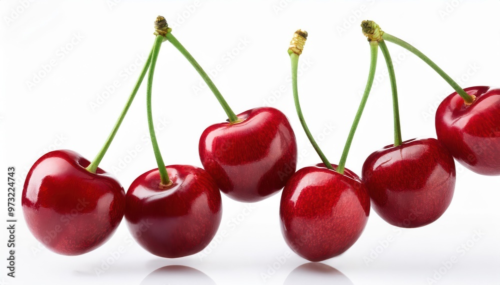 Vibrant Cluster of Glossy Red Cherries with Long Green Stems Against a Clean White Background, Showcasing Their Freshness and Rich Color Under Soft, Natural Lighting Vibrant Cluster of Glossy Red Cherries with Long Green Stems Against a Clean White Background, Showcasing Their Freshness and Rich Color Under Soft, Natural Lighting