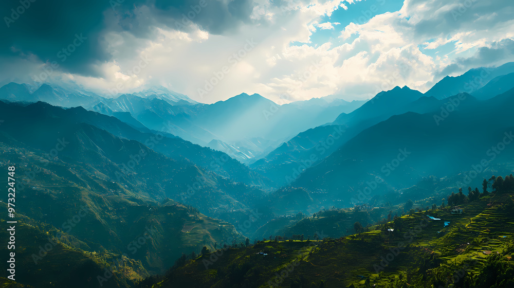 Fototapeta premium Cinematic view of a himalayan foothills photography fo background. Himalayan Mountains. Illustration