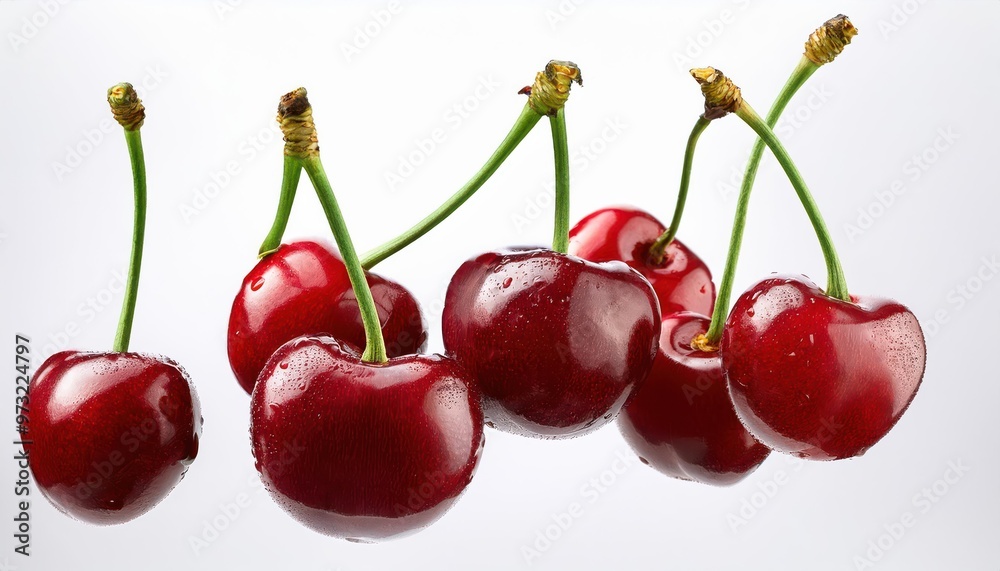 Vibrant Cluster of Glossy Red Cherries with Long Green Stems Against a Clean White Background, Showcasing Their Freshness and Rich Color Under Soft, Natural Lighting Vibrant Cluster of Glossy Red Cherries with Long Green Stems Against a Clean White Background, Showcasing Their Freshness and Rich Color Under Soft, Natural Lighting