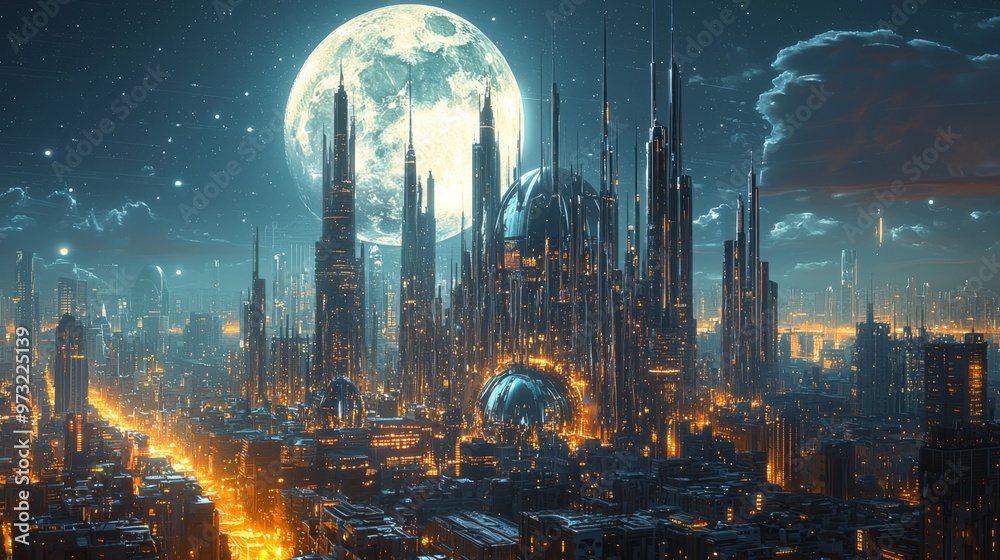 A sci-fi cityscape at night with buildings and structures covered in chrome, reflecting the moonlight and creating a futuristic and metallic atmosphere A sci-fi cityscape at night with buildings and structures covered in chrome, reflecting the moonlight and creating a futuristic and metallic atmosphere