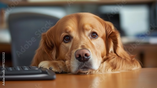 Golden retriever in business attire at desk for office-themed projects and designs