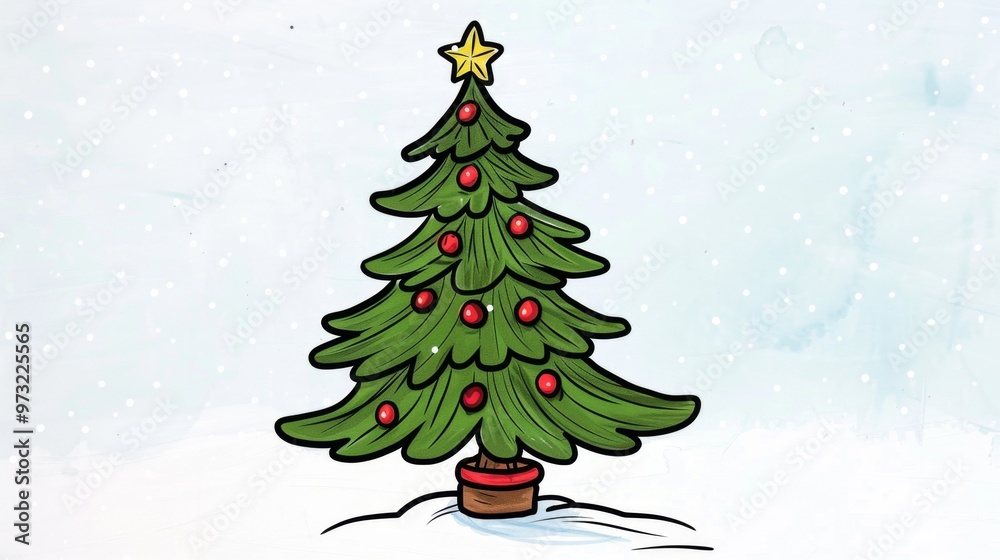 Fototapeta premium Festive Christmas Tree Illustration on Snowy Background