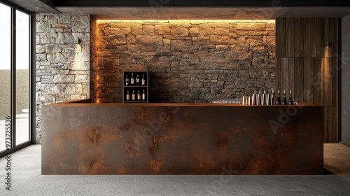 Rustic Bar Interior with Stone Walls and Modern Lighting photo