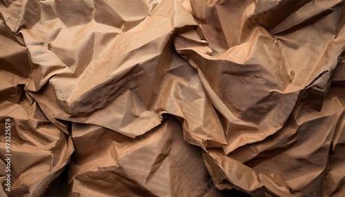 Close-Up of Wrinkled Brown Kraft Paper Texture with Organic Folds and Shadows, Highlighting the Natural Patterns and Creases of Recycled Material for Design Background or Eco-Friendly Concept