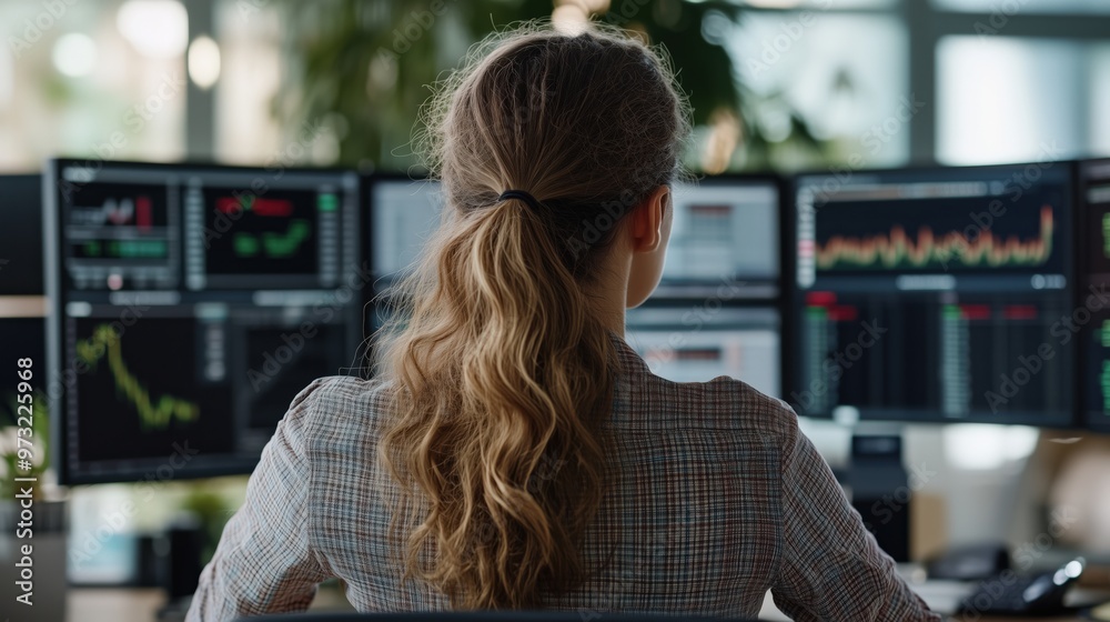 Female stock trader analyzing market data in modern office for financial insights and investment strategy design Female stock trader analyzing market data in modern office for financial insights and investment strategy design