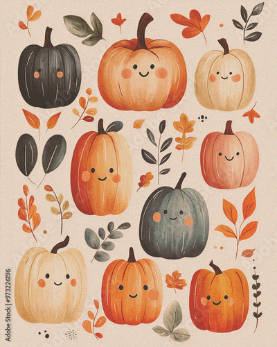 Thanksgiving & Halloween pumpkin grainy wallpaper, with cute smiling pumpkins and leaves, a warm and autumnal feel photo