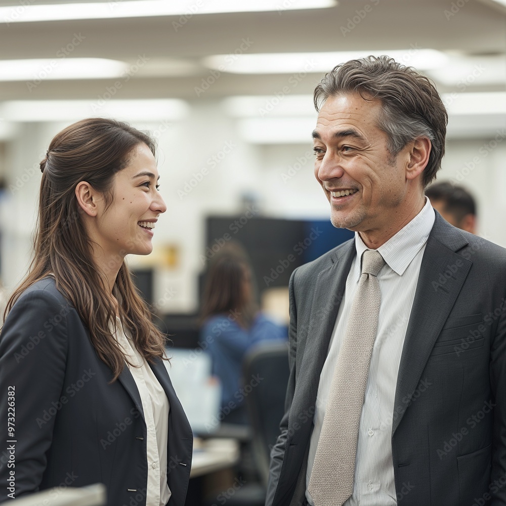 Cheerful Conversation Between Japanese Man and Female Colleague Cheerful Conversation Between Japanese Man and Female Colleague