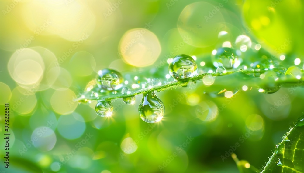 Dew Drops on Vibrant Green Leaf in Glowing Morning Light
