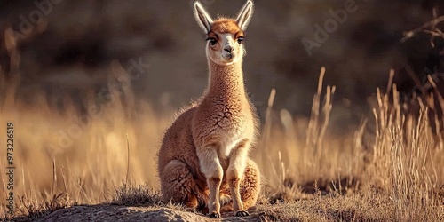 A 2 month old golden llama sitting on its hind legs, with a huge bulging belly photo