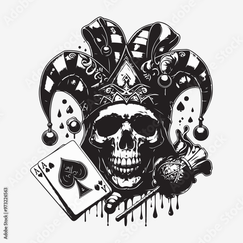 Jester Skull with Cards vector art illustration.