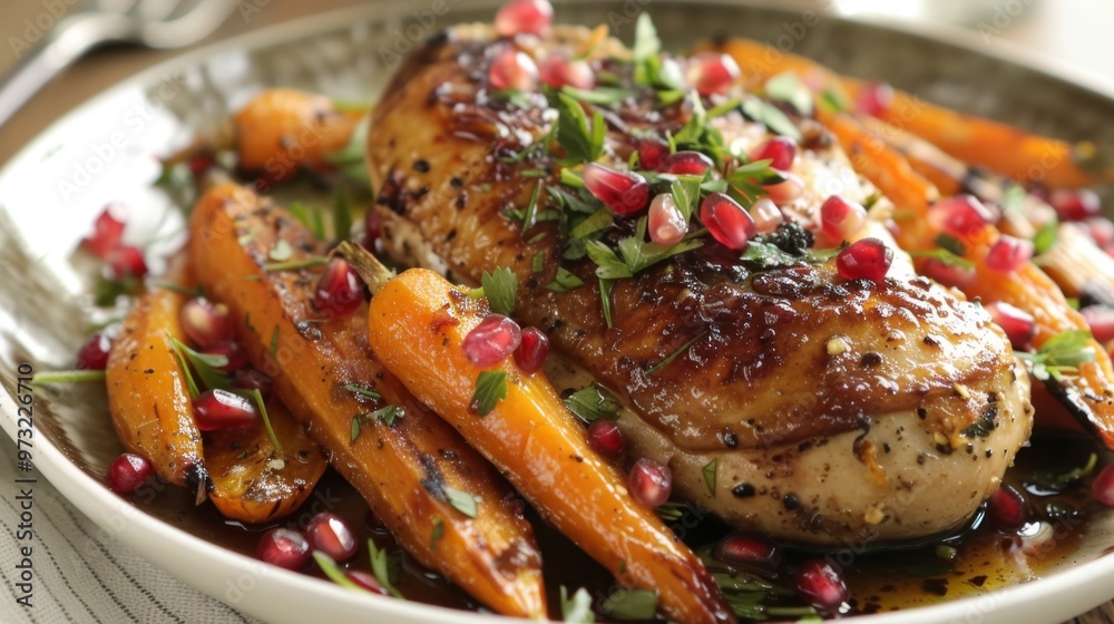 Roasted Chicken with Carrots and Pomegranate Seeds . Pomegranate-Sumac Chicken with Roasted Carrots Roasted Chicken with Carrots and Pomegranate Seeds . Pomegranate-Sumac Chicken with Roasted Carrots