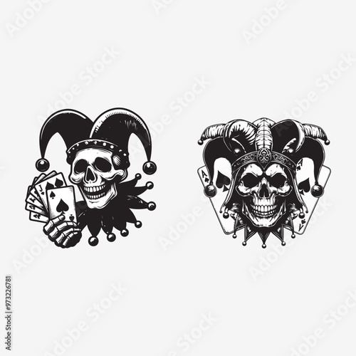 Jester Skull with Cards vector art illustration.