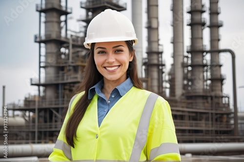 Smiling female safety professional posing confidently at site.