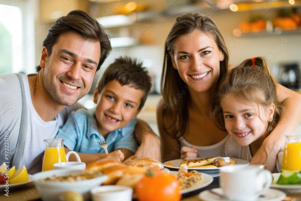 A family gathers around the table for a meal, plates filled with food