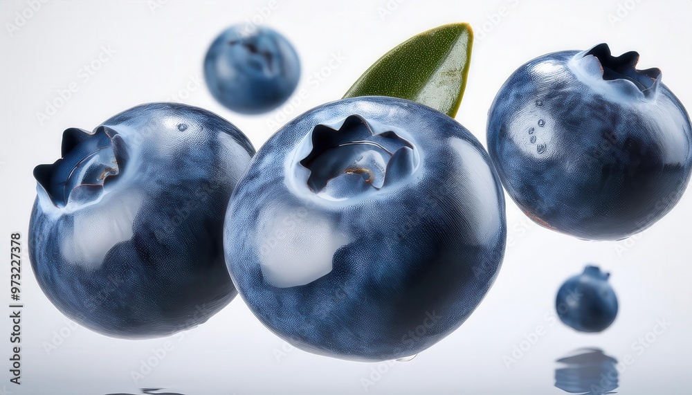 Close-up of Fresh, Vibrant Blueberries Floating Against a Clean, White Background with Detailed Texture and a Soft, Natural Light Effect
