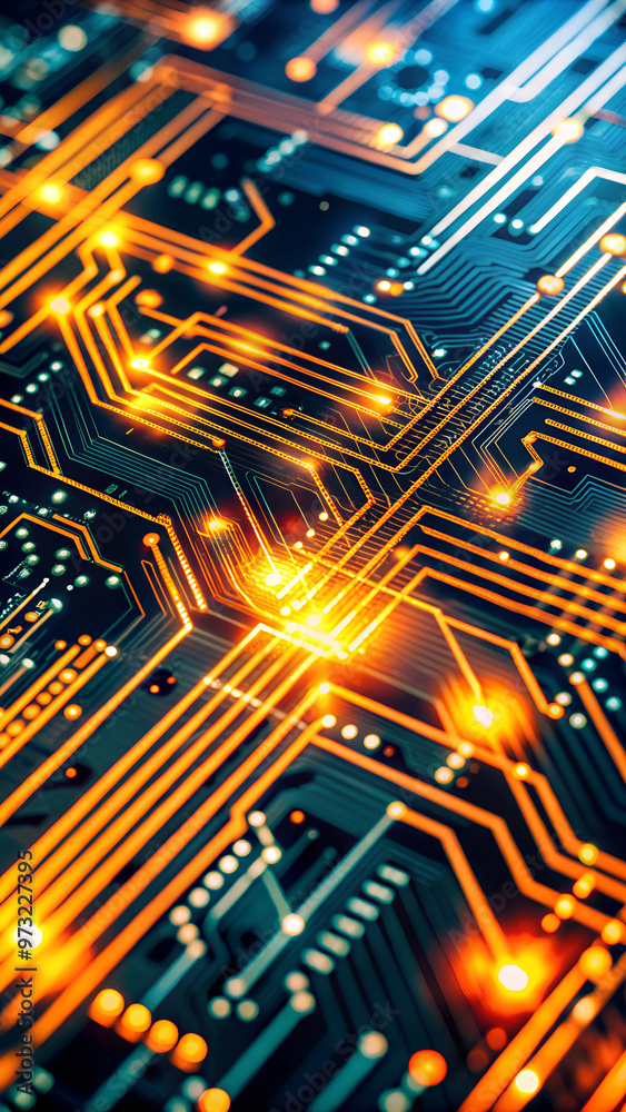 a close-up of a circuit board with a pattern of yellow lights, with neon grow a close-up of a circuit board with a pattern of yellow lights, with neon grow