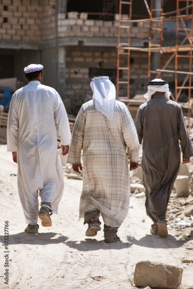 Construction Workers in Traditional Attire Walking on Site Construction Workers in Traditional Attire Walking on Site