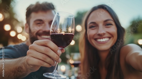 Celebratory toast with red wine outdoors in springtime setting for social gatherings