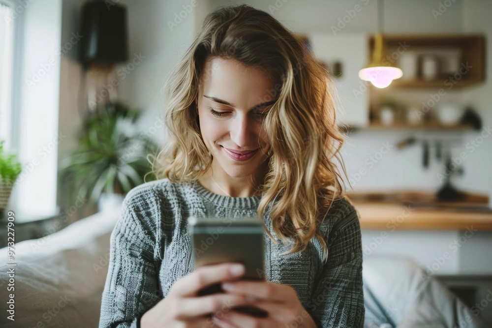 Smiling Woman Texting on Smartphone in Cozy Home Interior Smiling Woman Texting on Smartphone in Cozy Home Interior