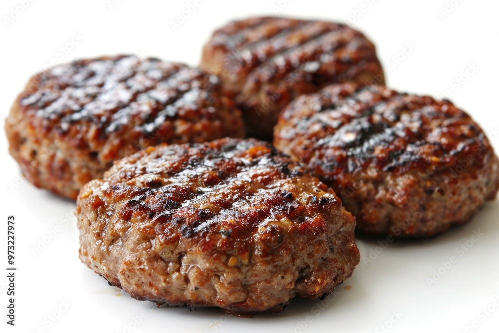 Three juicy hamburger patties on a plate, ready for serving Three juicy hamburger patties on a plate, ready for serving