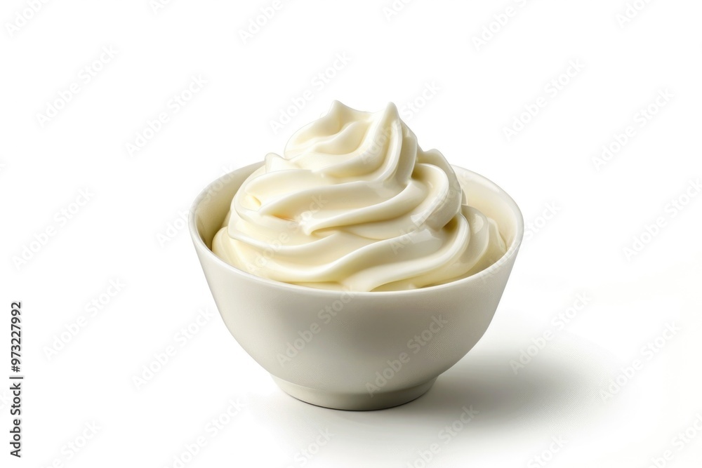 A bowl filled with whipped cream sitting on a clean white surface A bowl filled with whipped cream sitting on a clean white surface