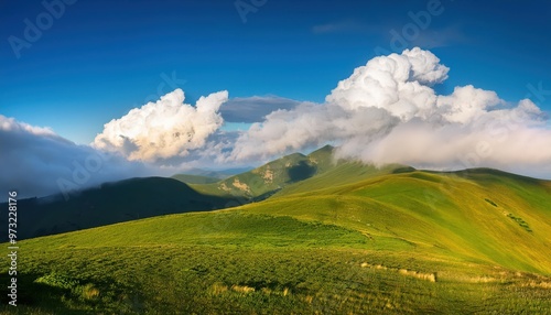 Sunlit Green Hills with Rolling Clouds Overhead on a Clear Blue Sky Day, Capturing the Serene Beauty of a Misty Mountain Landscape with Vivid Grass and Dramatic Light Play in the Early Morning