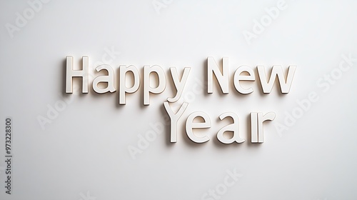 Minimalist "Happy New Year" text in a modern sans-serif font with a subtle shadow effect on a white background