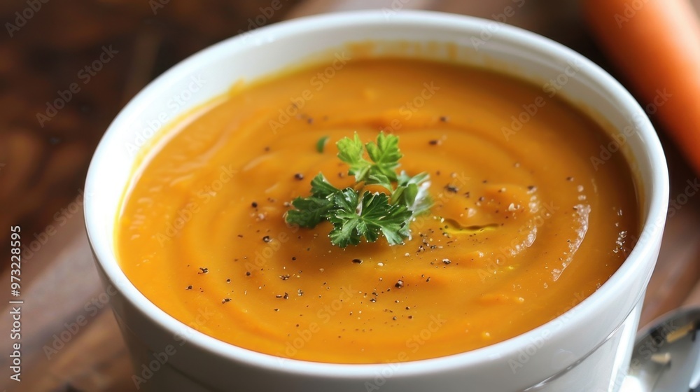 Fresh Creamy Carrot Soup with Parsley Garnish in a White Bowl. Instant Pot Carrot Ginger Soup Fresh Creamy Carrot Soup with Parsley Garnish in a White Bowl. Instant Pot Carrot Ginger Soup