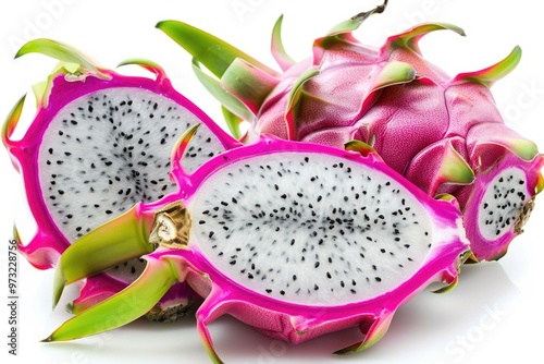 A close-up shot of a dragon fruit cut in half, revealing its vibrant green and yellow flesh photo