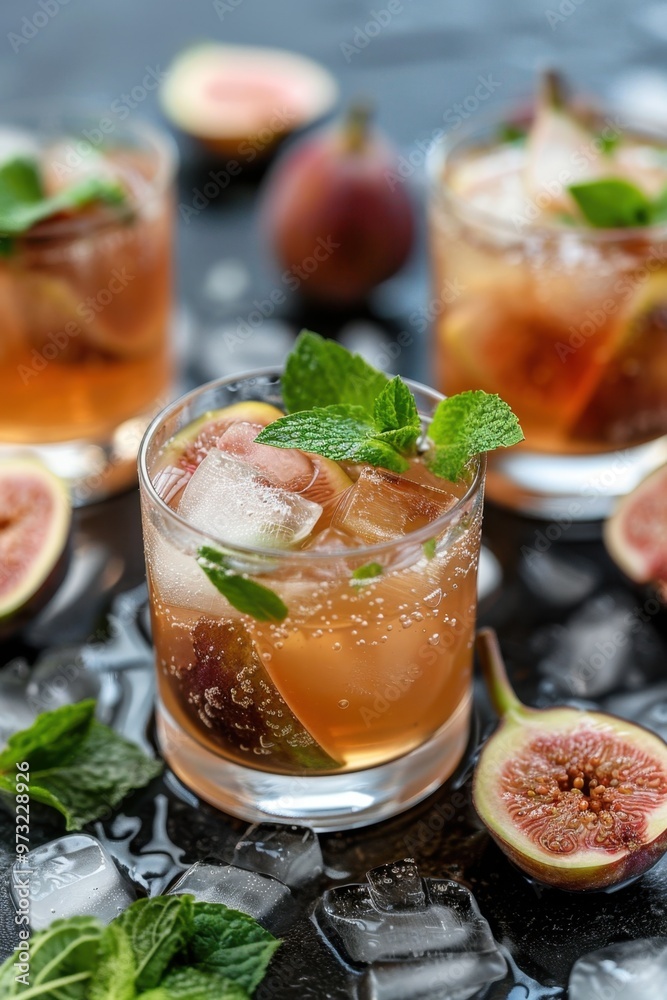 Refreshing Fig Cocktail Drink with Ice on Dark Background. Fig Dark and Stormy
