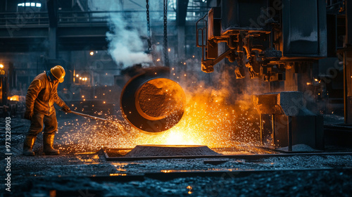 Metal parts are made in ironworks by pouring hot, liquid iron into sand molds.  Workers work in a hot, dirty, and dangerous environment.