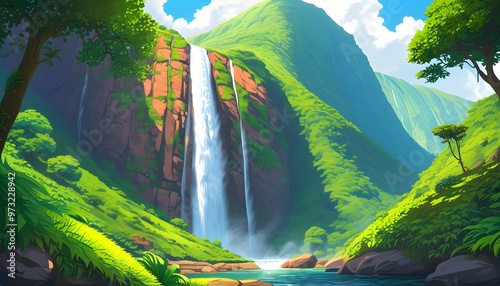 Vibrant Cartoon Waterfall Flowing Down Green Mountainside