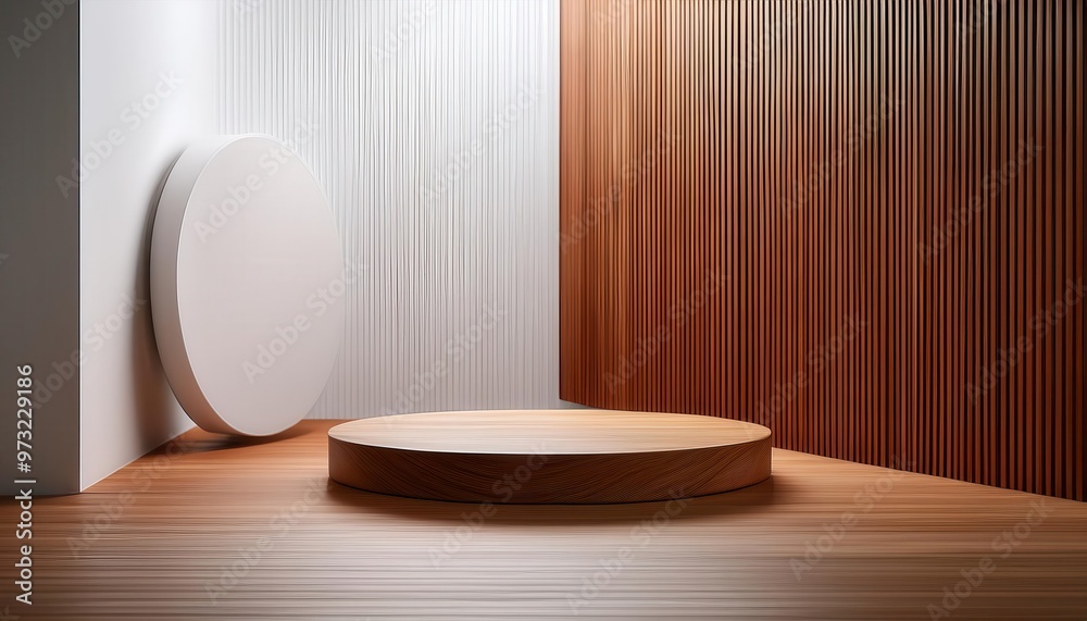 Minimalist Architectural Display with Curved Wooden Podium and Vertical Slat Walls in Warm Earthy Tones and Soft Lighting. Modern Interior Design Showcase for Product Presentation or Exhibition Minimalist Architectural Display with Curved Wooden Podium and Vertical Slat Walls in Warm Earthy Tones and Soft Lighting. Modern Interior Design Showcase for Product Presentation or Exhibition