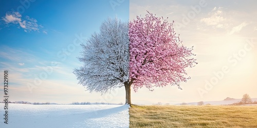 A tree that is one side winter with snow and the other spring blooming.  photo