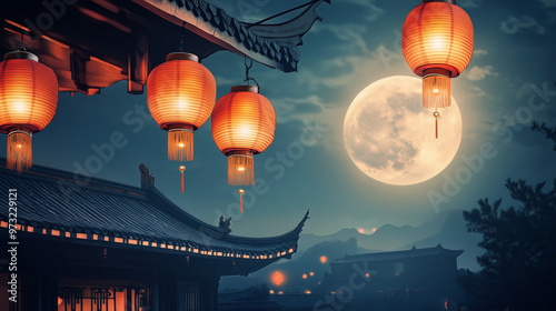 moon festival, mid-autumn festival, lantern and chinese ancient city
