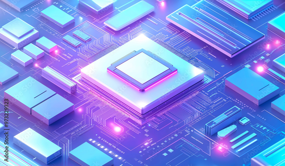 Close-up of a futuristic microchip on a glowing circuit board. Digital style with a neon blue and pink color scheme. Concept of advanced technology Close-up of a futuristic microchip on a glowing circuit board. Digital style with a neon blue and pink color scheme. Concept of advanced technology
